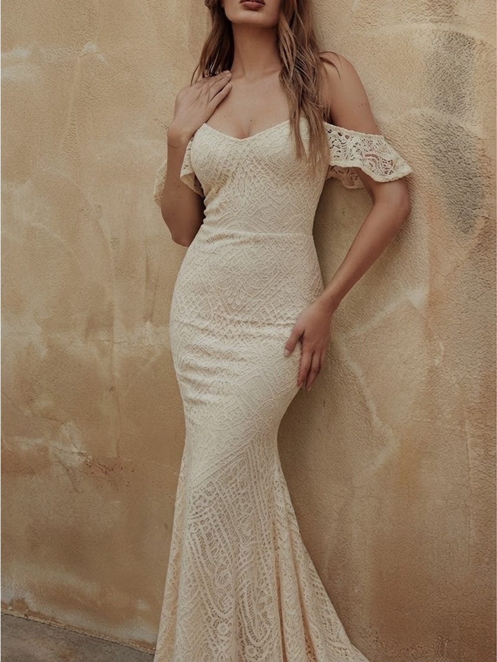 Lulu's Declare My Love Cream Lace Crochet Cold Shoulder Mermaid Maxi Dress NWT M